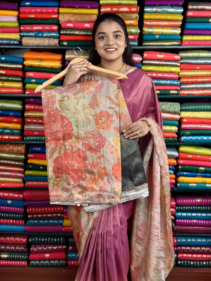 Soft Tissue Digital Print With Scallop Border Grayish Black Saree