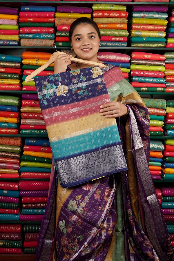Semi Dola Silk Digital Print With Zari Design Dark Navy Blue Saree