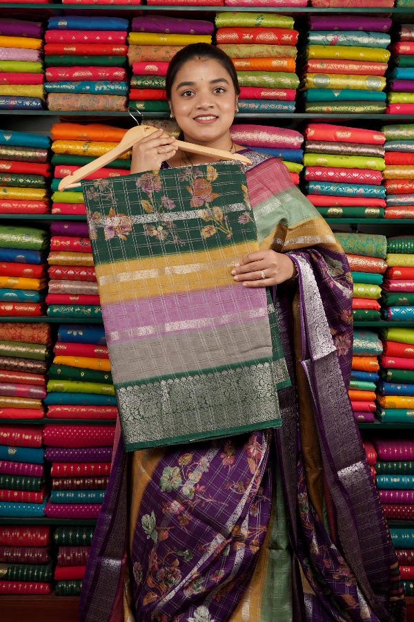 Semi Dola Silk Digital Print With Zari Design Bottle Green Saree