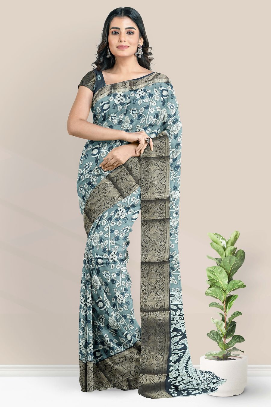 Chanderi Silk Kalamkari Floral Design Ash With Black Saree