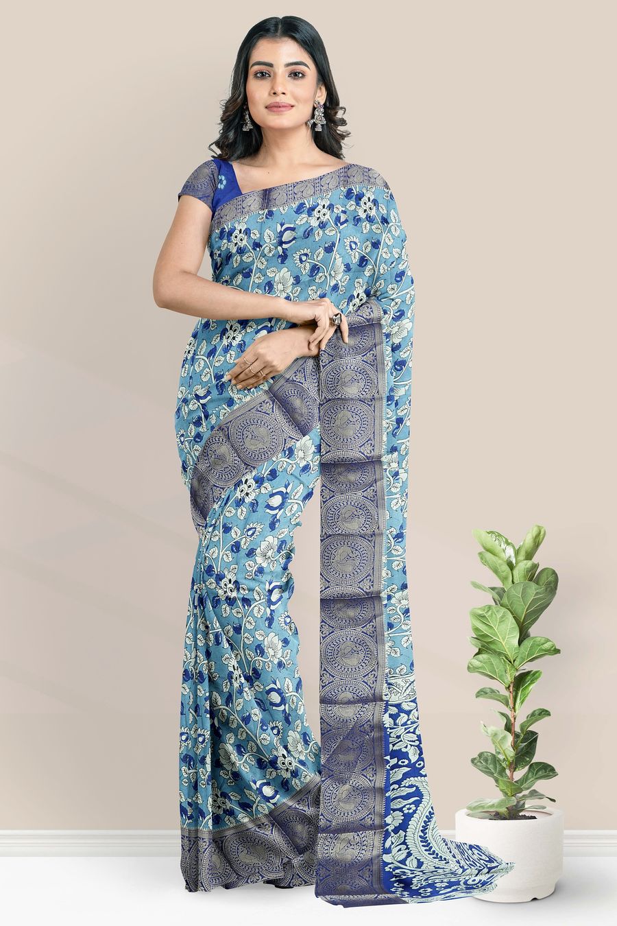Chanderi Silk Kalamkari Floral Design Light And Dark Blue Saree