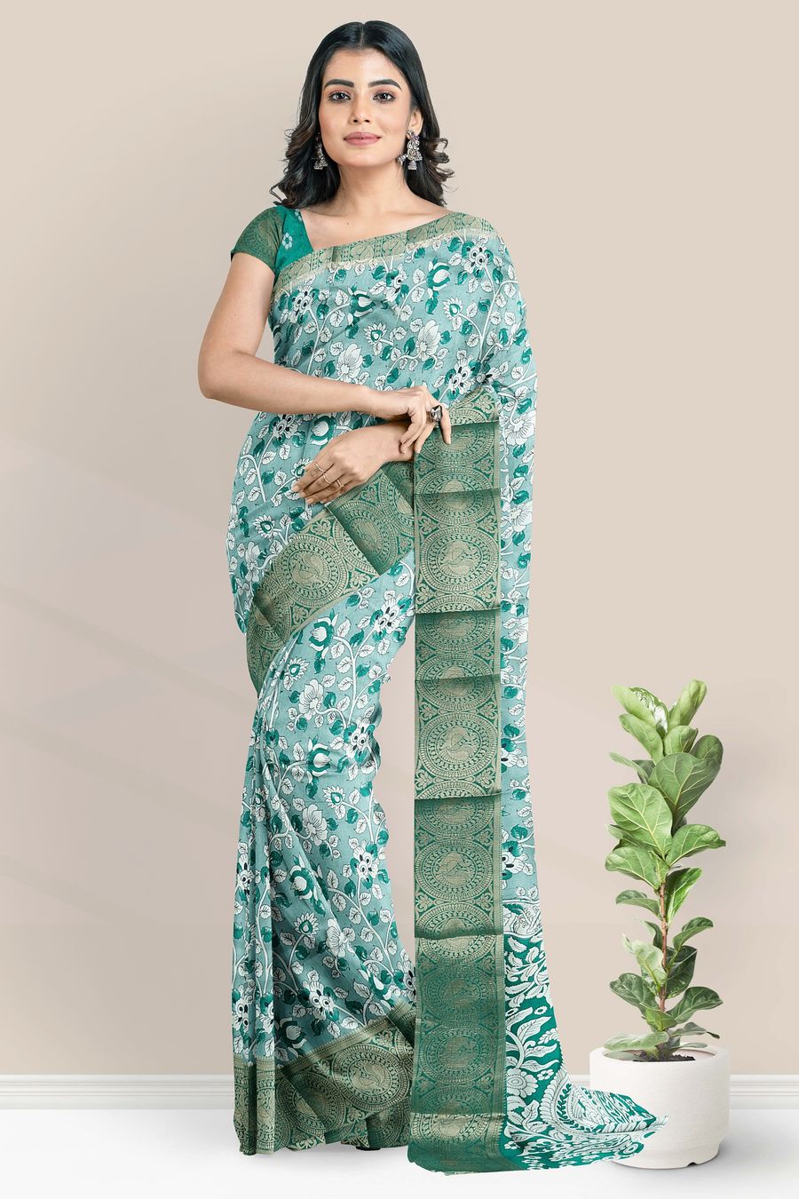 Chanderi Silk Kalamkari Floral Design Light Rama Green With Green Saree