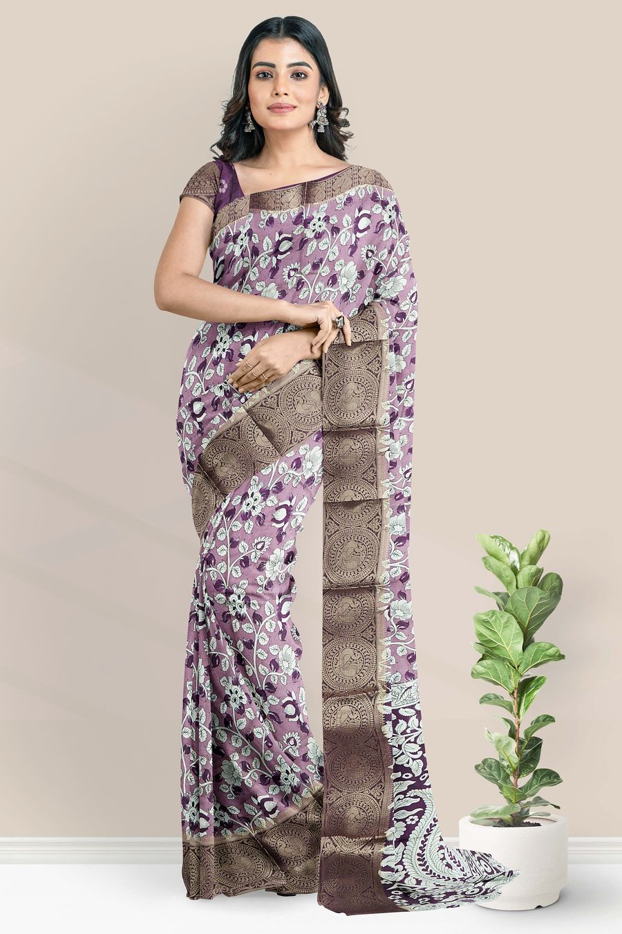 Chanderi Silk Kalamkari Floral Design Pink With Dark Wine Saree