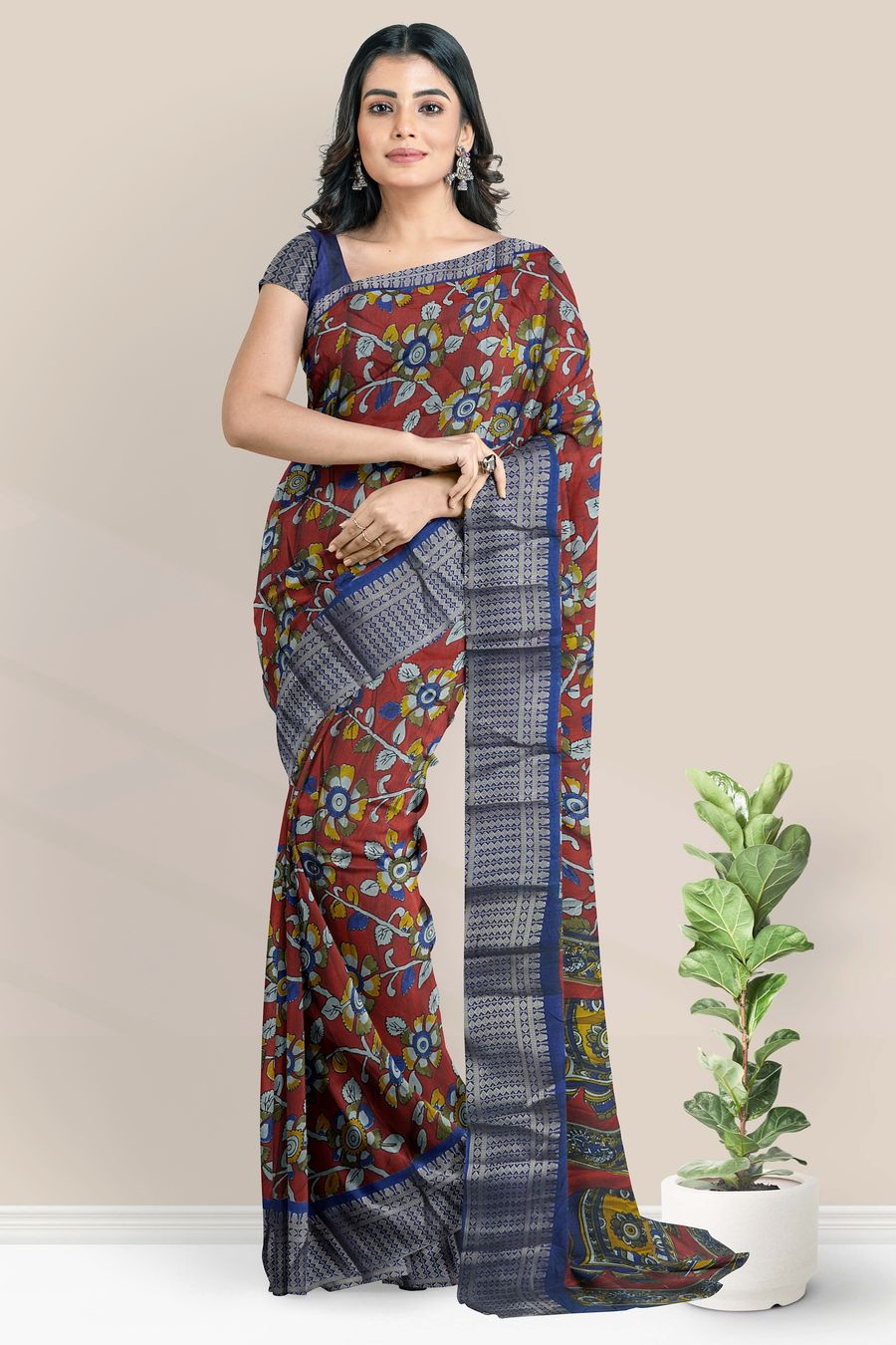 Fancy Silk Kalamkari Floral Design Dark Maroon With Blue Saree