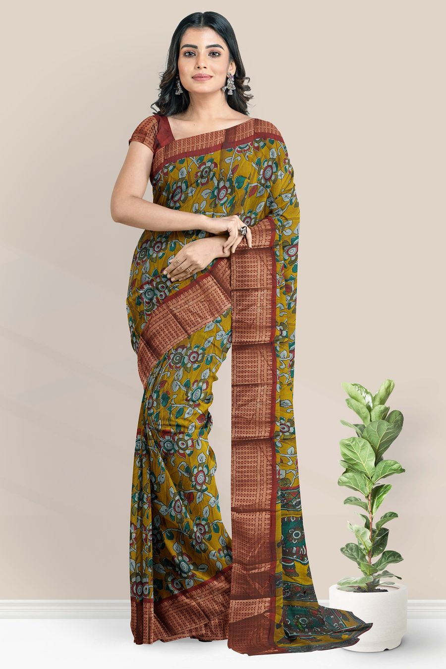 Fancy Silk Kalamkari Floral Design Mustard Yellow With Maroon Saree