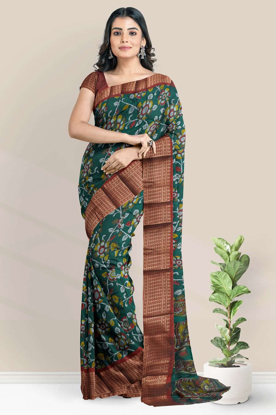Fancy Silk Kalamkari Floral Design Dark Green With Maroon Saree