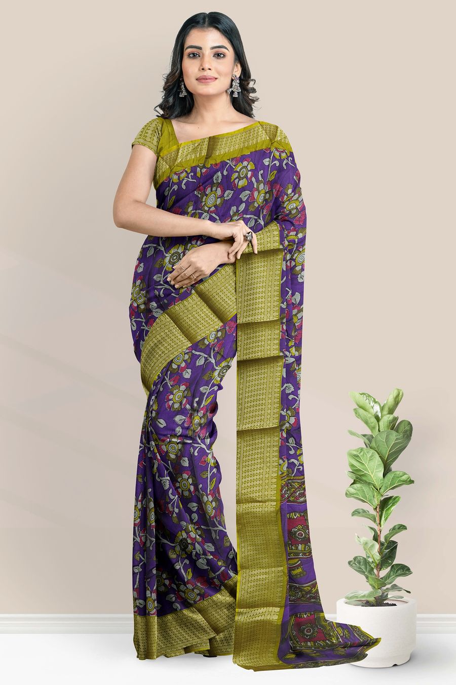 Fancy Silk Kalamkari Floral Design Purple With Light Green Saree