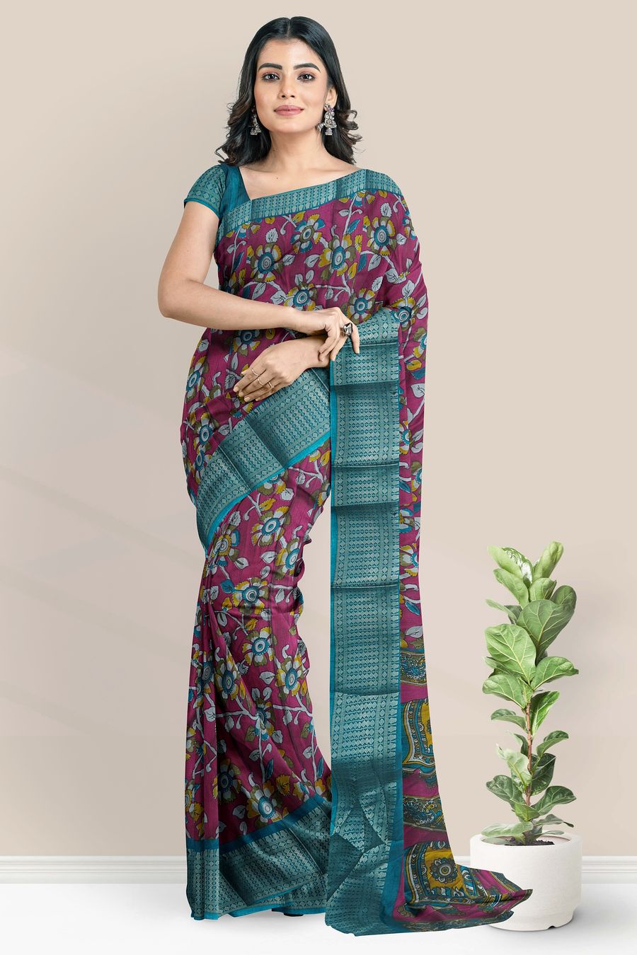 Fancy Silk Kalamkari Floral Design Pink With Rama Green Saree