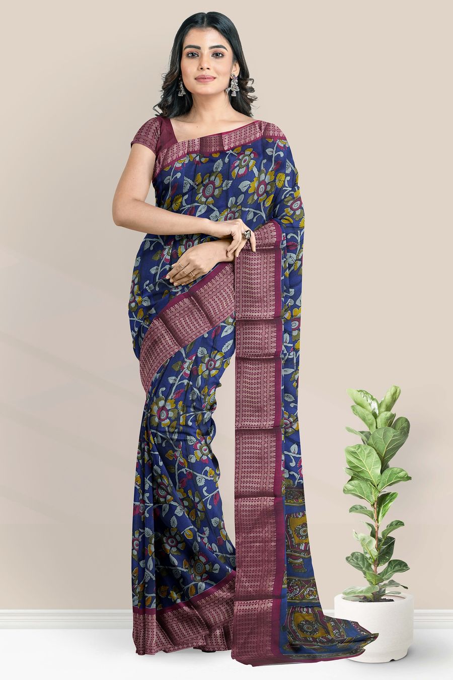 Fancy Silk Kalamkari Floral Design Navy Blue With Pink Saree