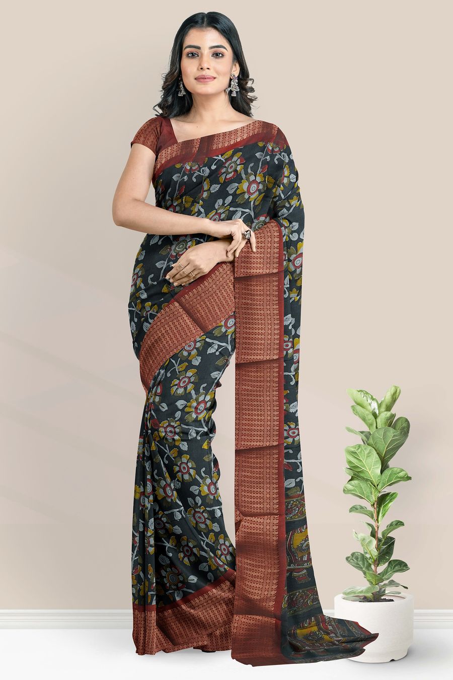 Fancy Silk Kalamkari Floral Design Black With With Maroon Saree