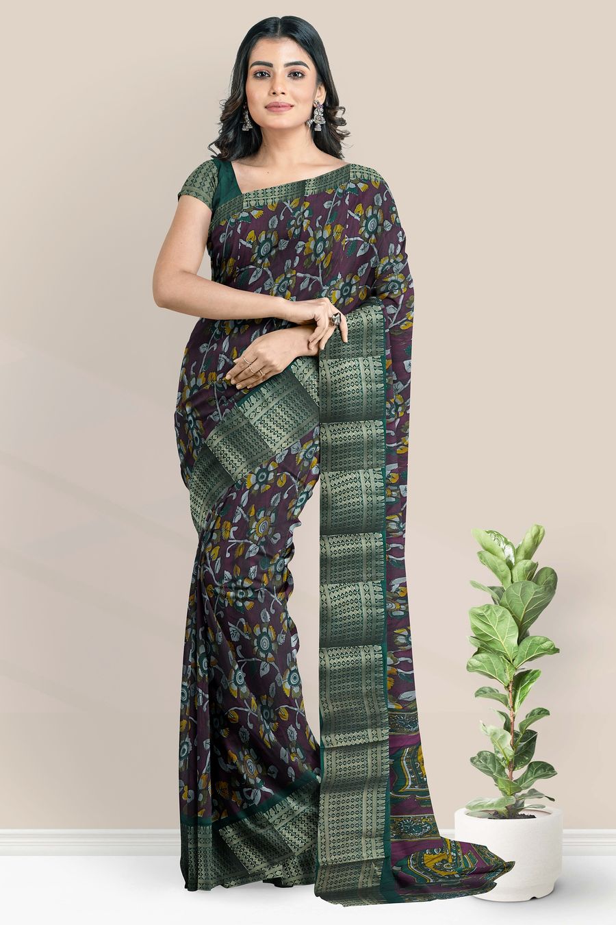 Fancy Silk Kalamkari Floral Design Magenta Pink With Green Saree