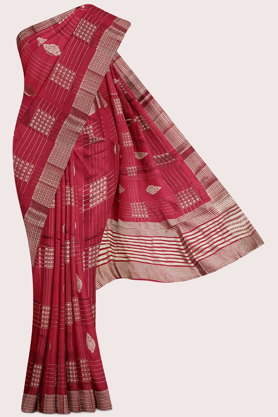Fancy Semi Tussar Silk Gold Zari Checks Design Maroon Saree