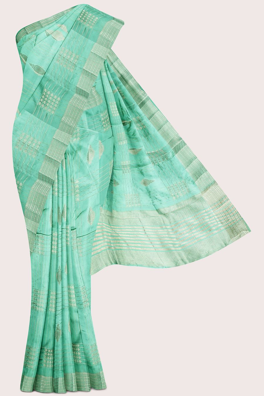 Fancy Semi Tussar Silk Gold Zari Checks Design Teal Green Saree