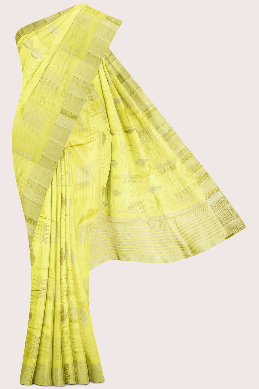 Fancy Semi Tussar Silk Gold Zari Checks Design Yellow Saree