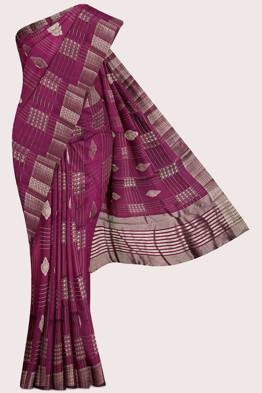 Fancy Semi Tussar Silk Gold Zari Checks Design Dark Wine Saree