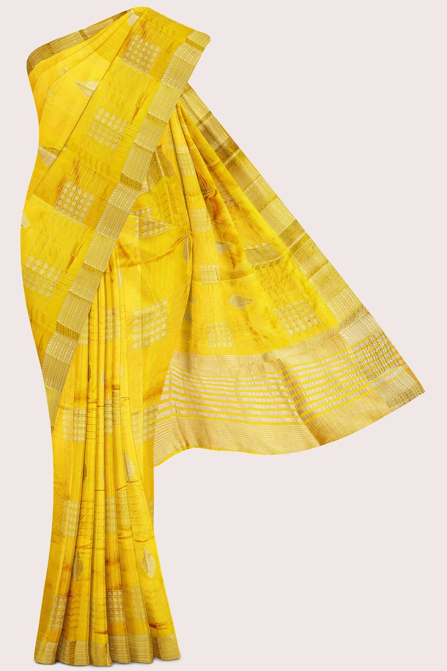 Fancy Semi Tussar Silk Gold Zari Checks Design Mustard Yellow Saree