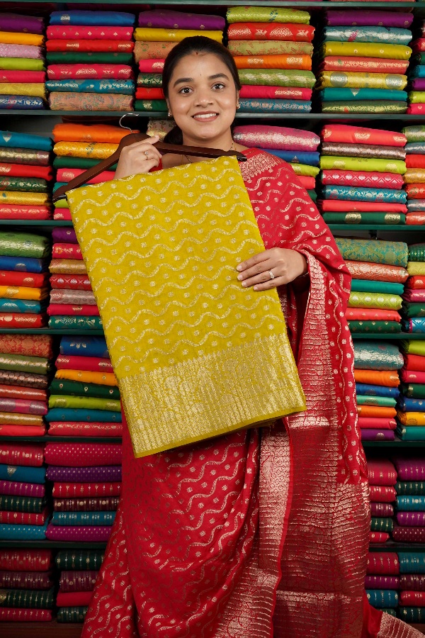Jute Crushed Silk All Over Zari Menthi Yellow Saree