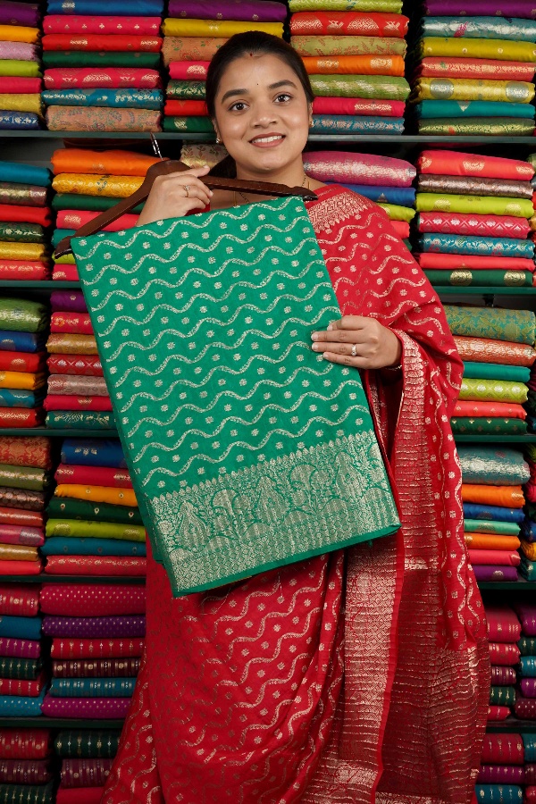 Jute Crushed Silk All Over Zari Green Saree