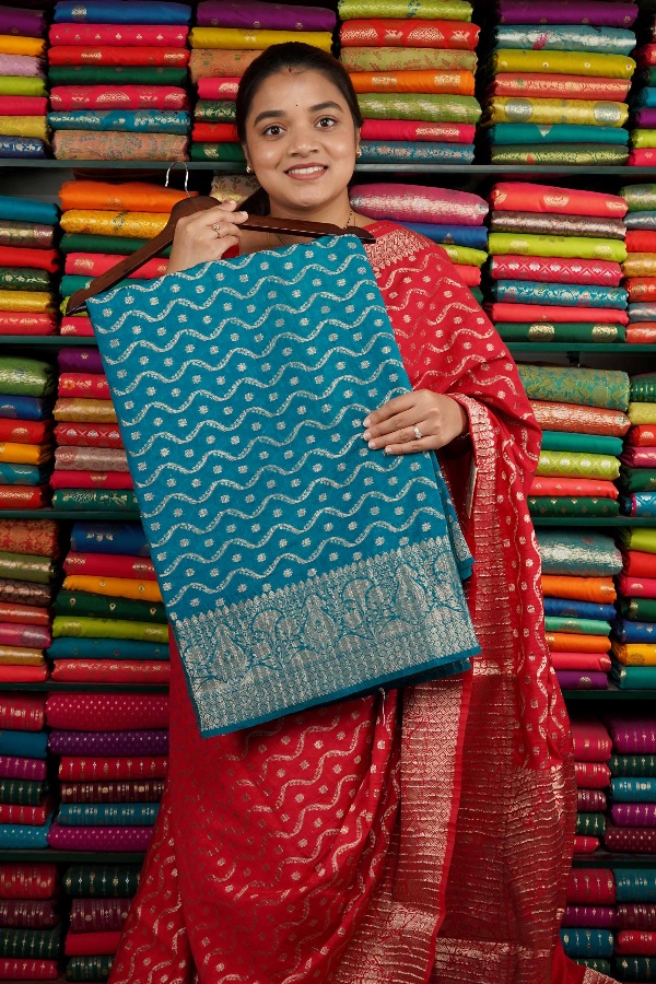 Jute Crushed Silk All Over Zari Rama Blue Saree