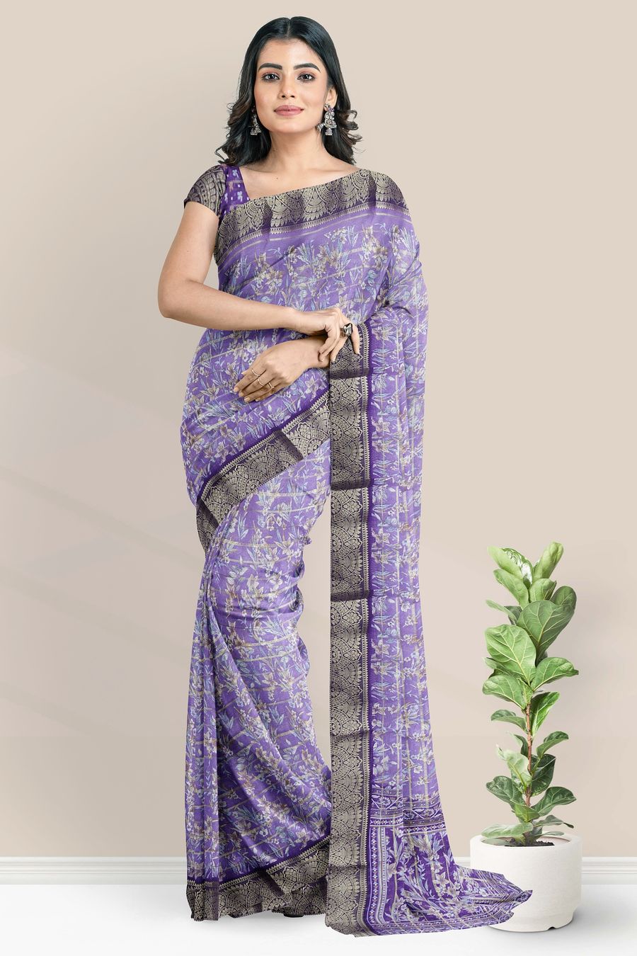 Georgette Gold Zari And Floral Print Lavender With Purple Saree