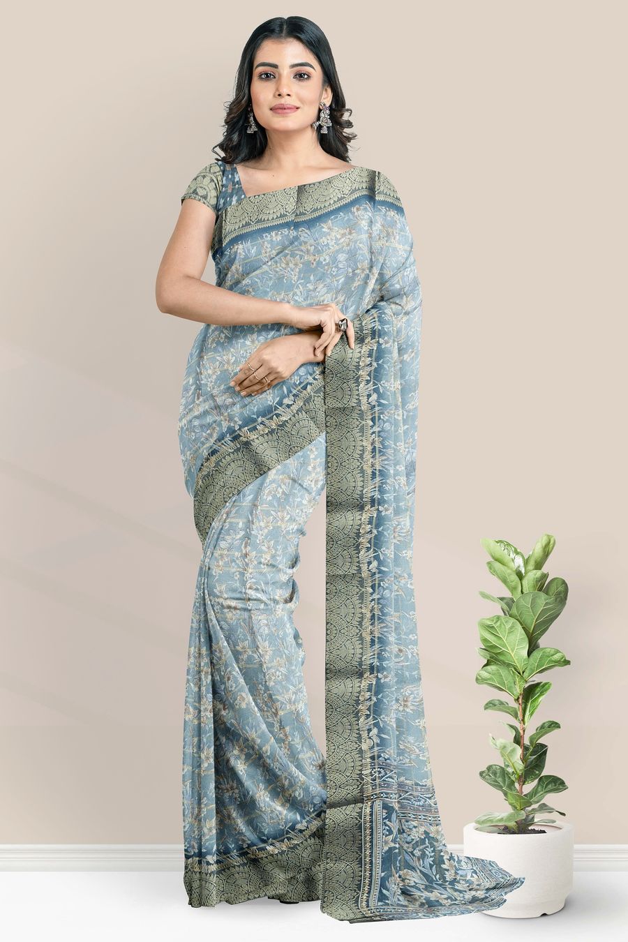 Georgette Gold Zari And Floral Print Ash Saree