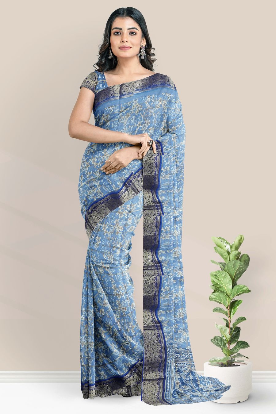 Georgette Gold Zari And Floral Print Light Blue Saree