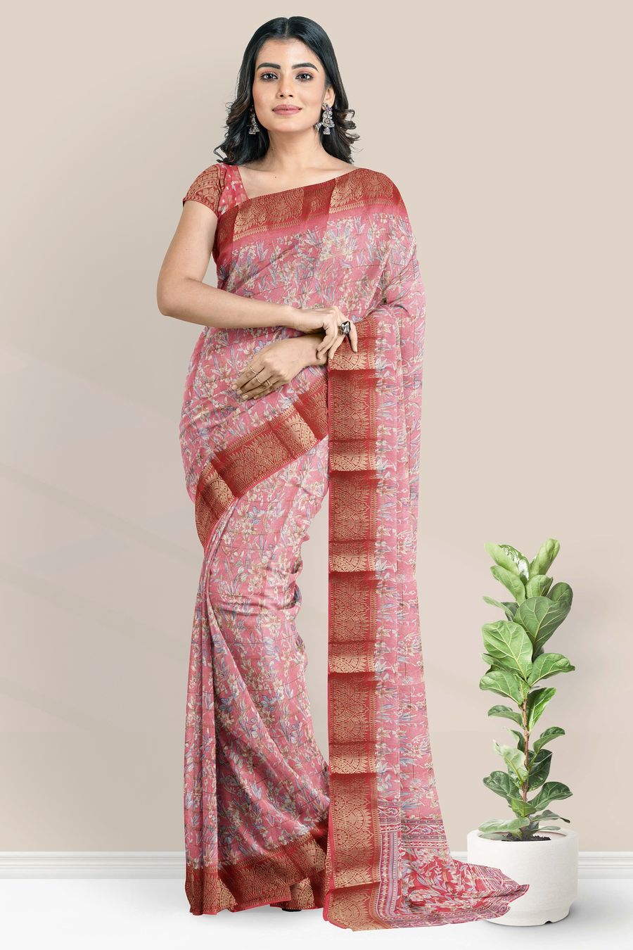 Georgette Gold Zari And Floral Print Peach Pink Saree