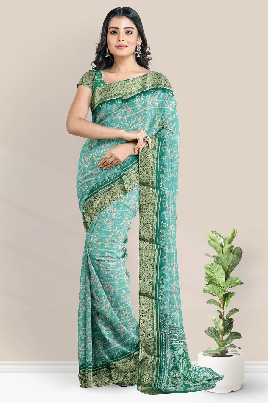 Georgette Gold Zari And Floral Print Dark Rama Green Saree