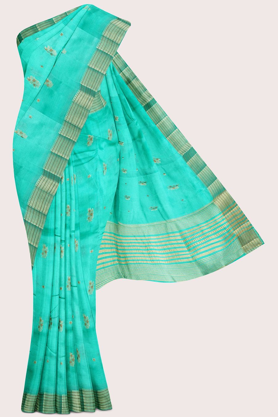 Fancy Silk Double Border Weaving And Flower Butti Rama Green Saree