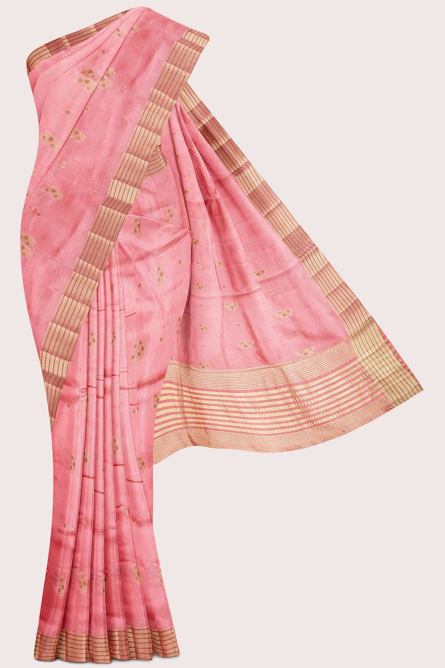 Fancy Silk Double Border Weaving And Flower Butti Peach Pink Saree