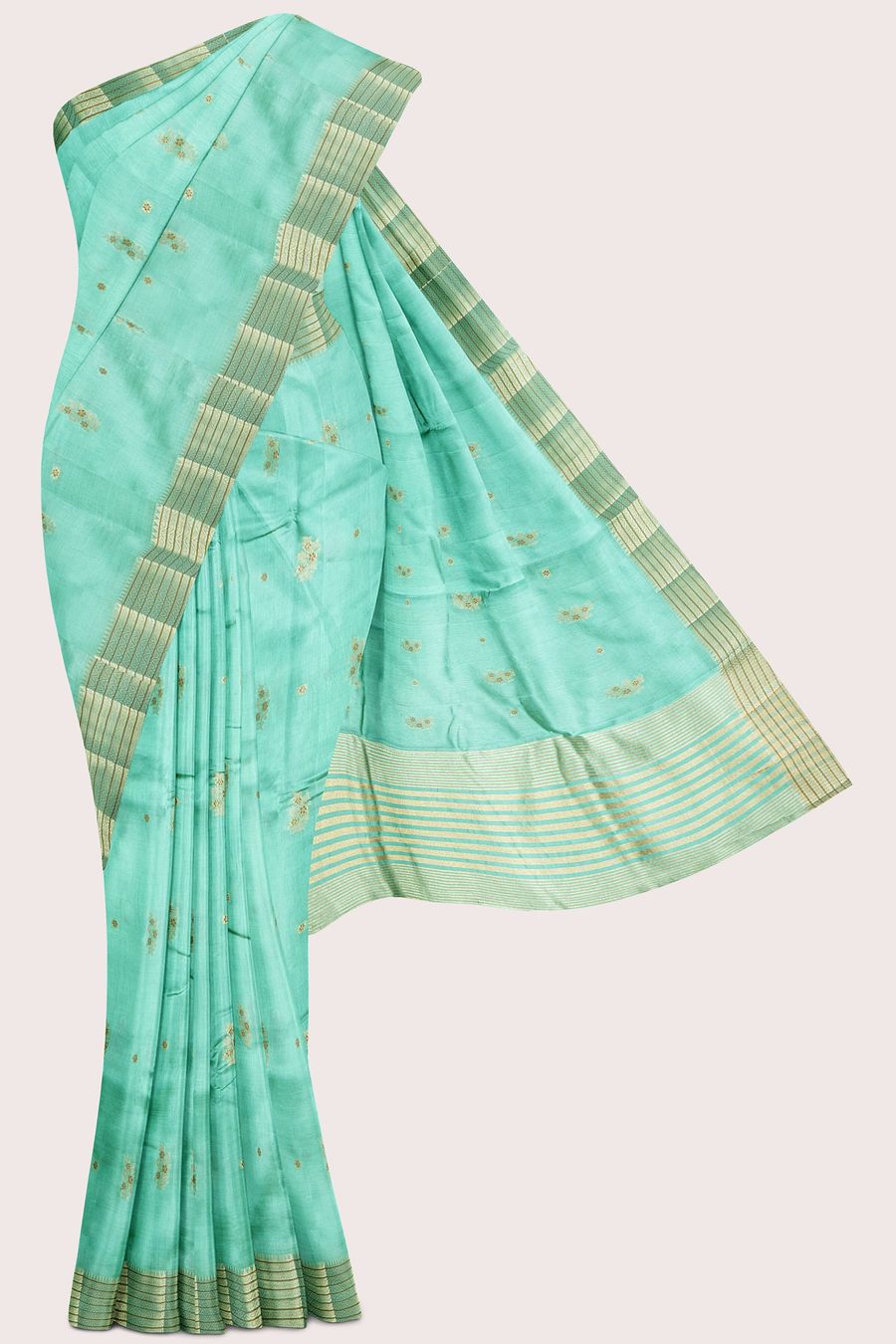 Fancy Silk Double Border Weaving And Flower Butti Teal Green Saree