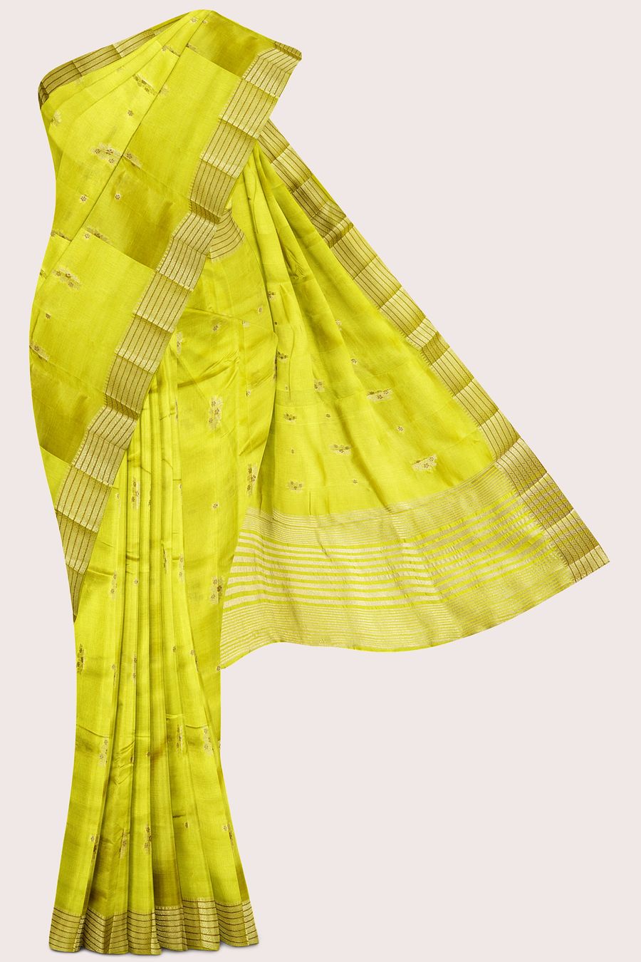 Fancy Silk Double Border Weaving And Flower Butti Leafy Green Saree