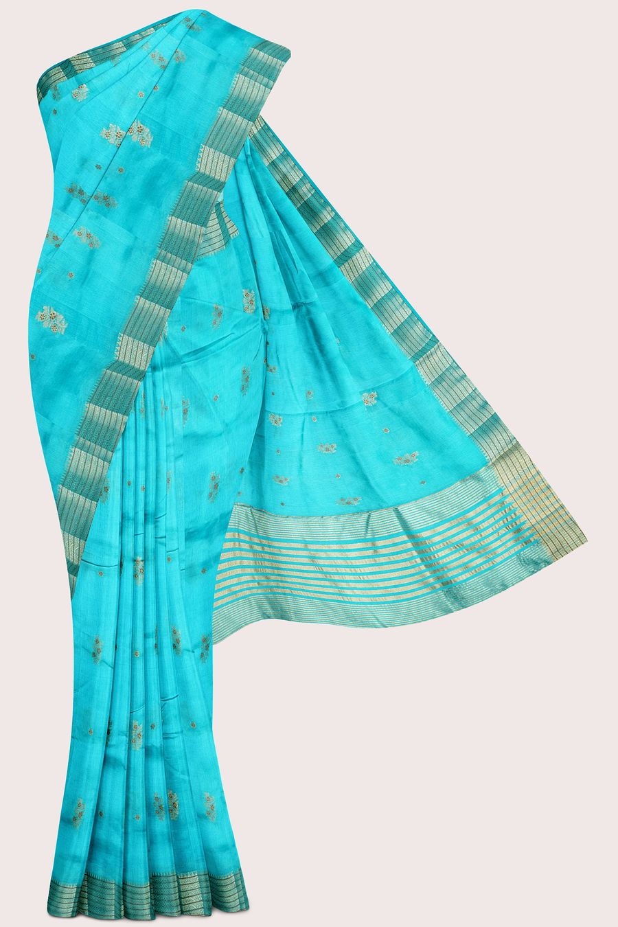 Fancy Silk Double Border Weaving And Flower Butti Light Blue Saree