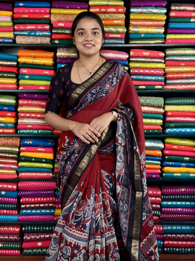 Soft Mangalagiri Silk Kalamkari Print Maroon And Black Saree