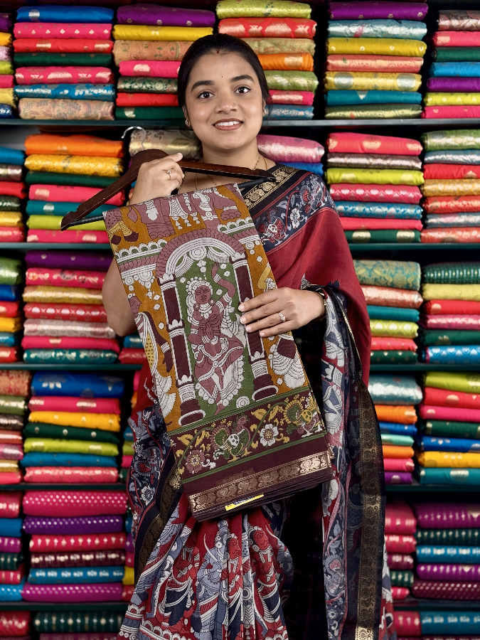 Soft Mangalagiri Silk Kalamkari Print Yellow And Chocolate Brown Saree