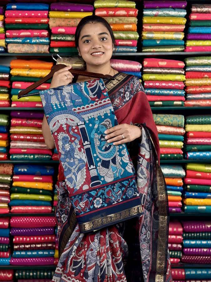 Soft Mangalagiri Silk Kalamkari Print Blue And NavyBlue Saree