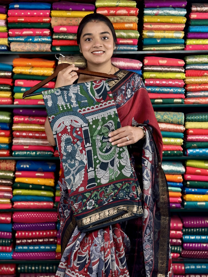 Soft Mangalagiri Silk Kalamkari Print Green And Black Saree