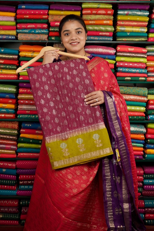 Crushed Silk Gold Zari Dark Maroon And Menthi Green Saree