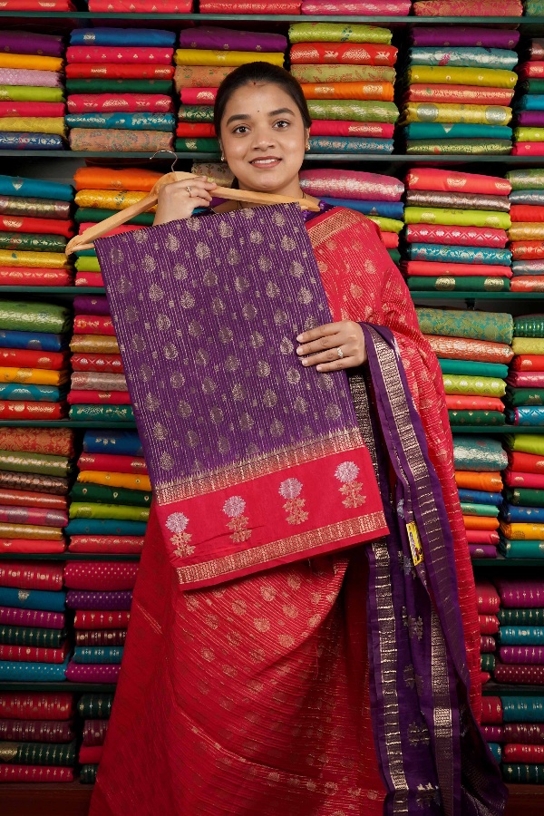 Crushed Silk Gold Zari Purple And Pink Saree