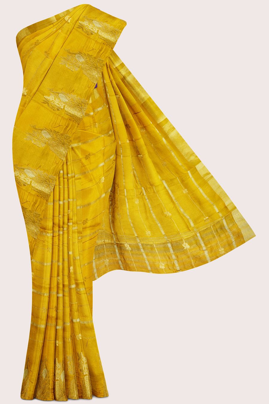 Russian Crepe Silver And Gold Zari Weaving Mustard Yellow With Purple Saree