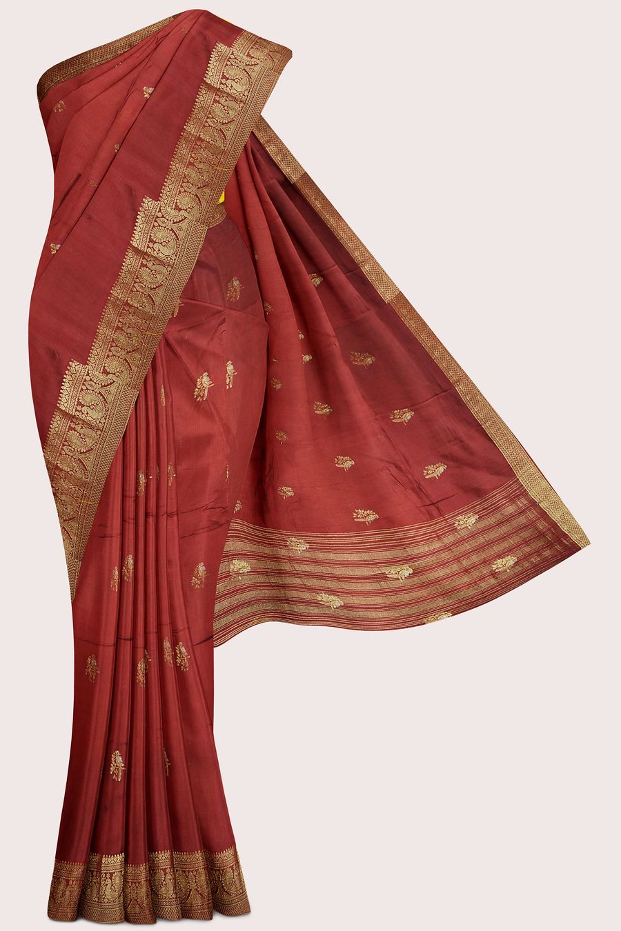 Russian Crepe Gold Zari And Bird Butti Dark Brown With Yellow Saree