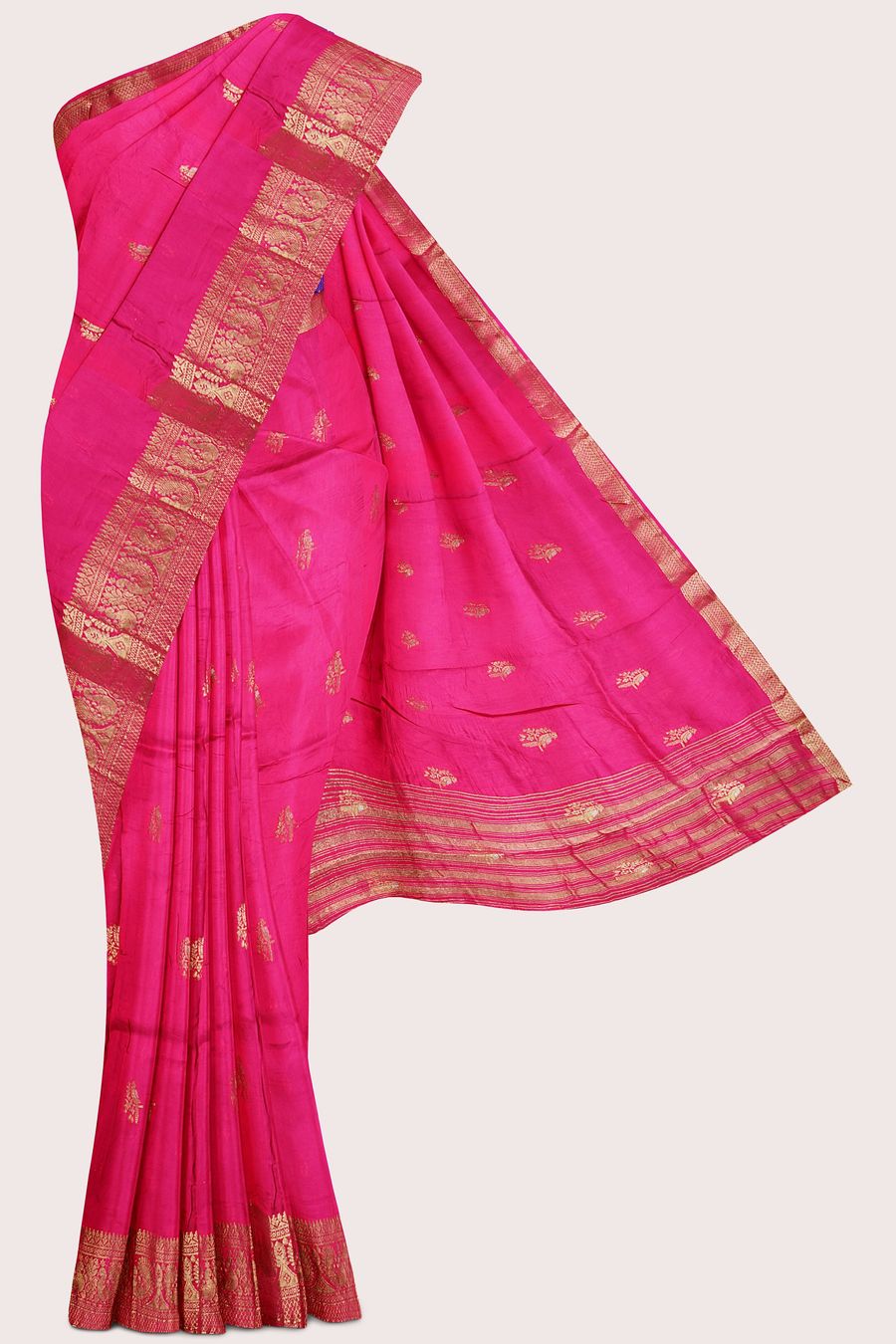 Russian Crepe Gold Zari And Bird Butti Rani Pink With Dark Purple Saree
