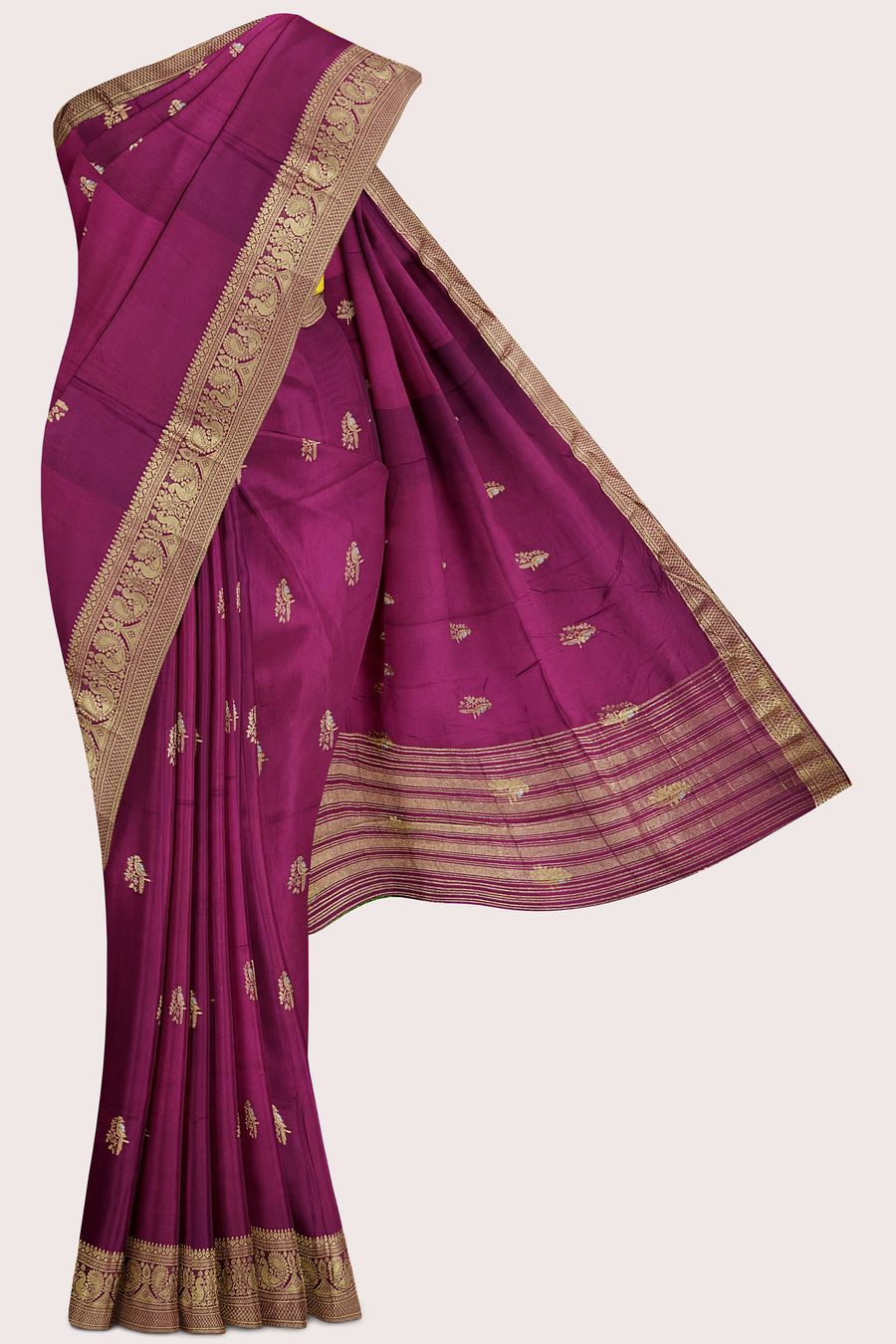 Russian Crepe Gold Zari And Bird Butti Magenta Pink With Yellow Saree