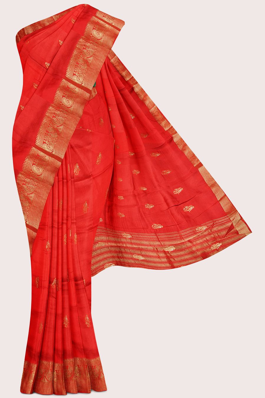 Russian Crepe Gold Zari And Bird Butti Red With Green Saree