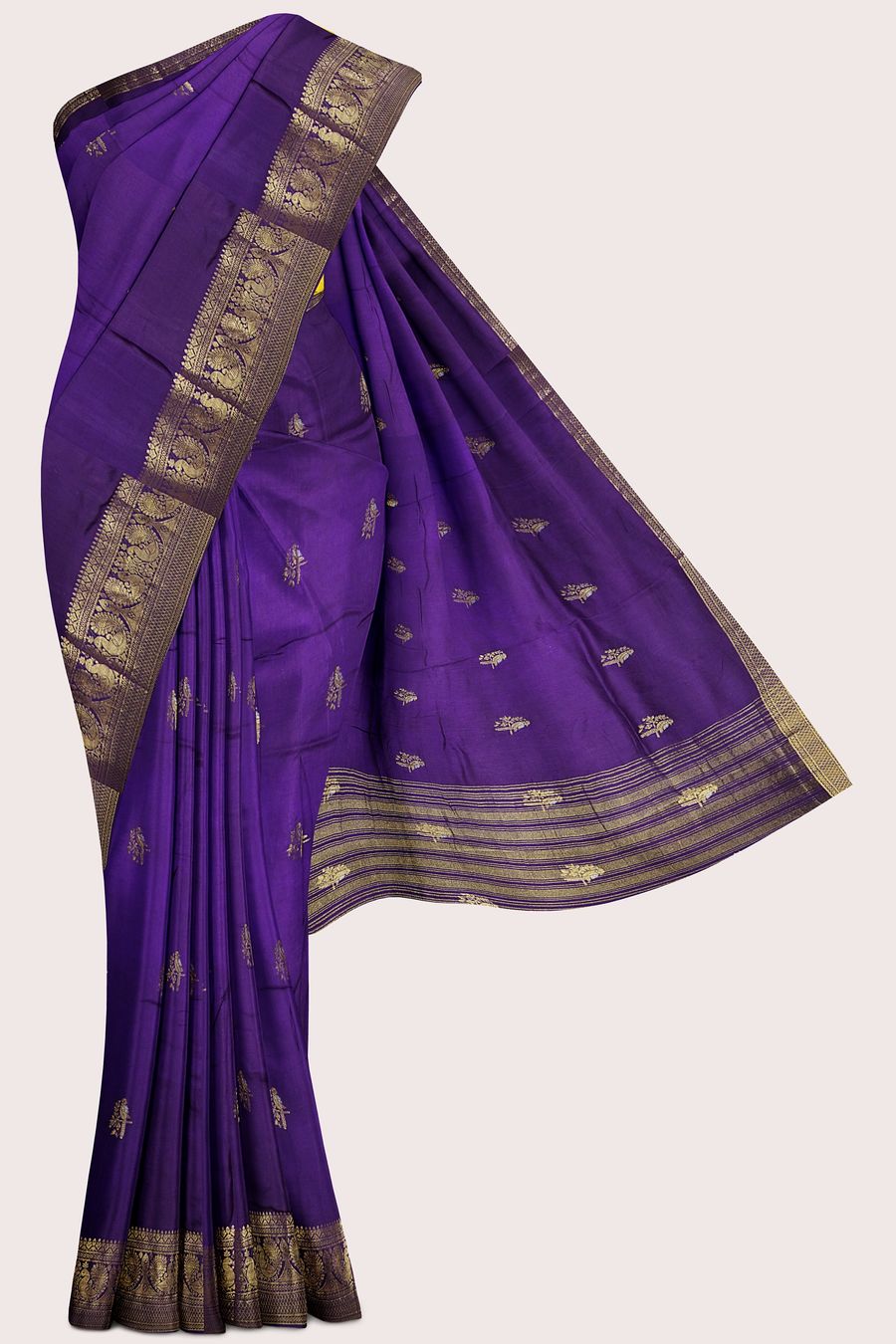Russian Crepe Gold Zari And Bird Butti Dark Purple With Yellow Saree