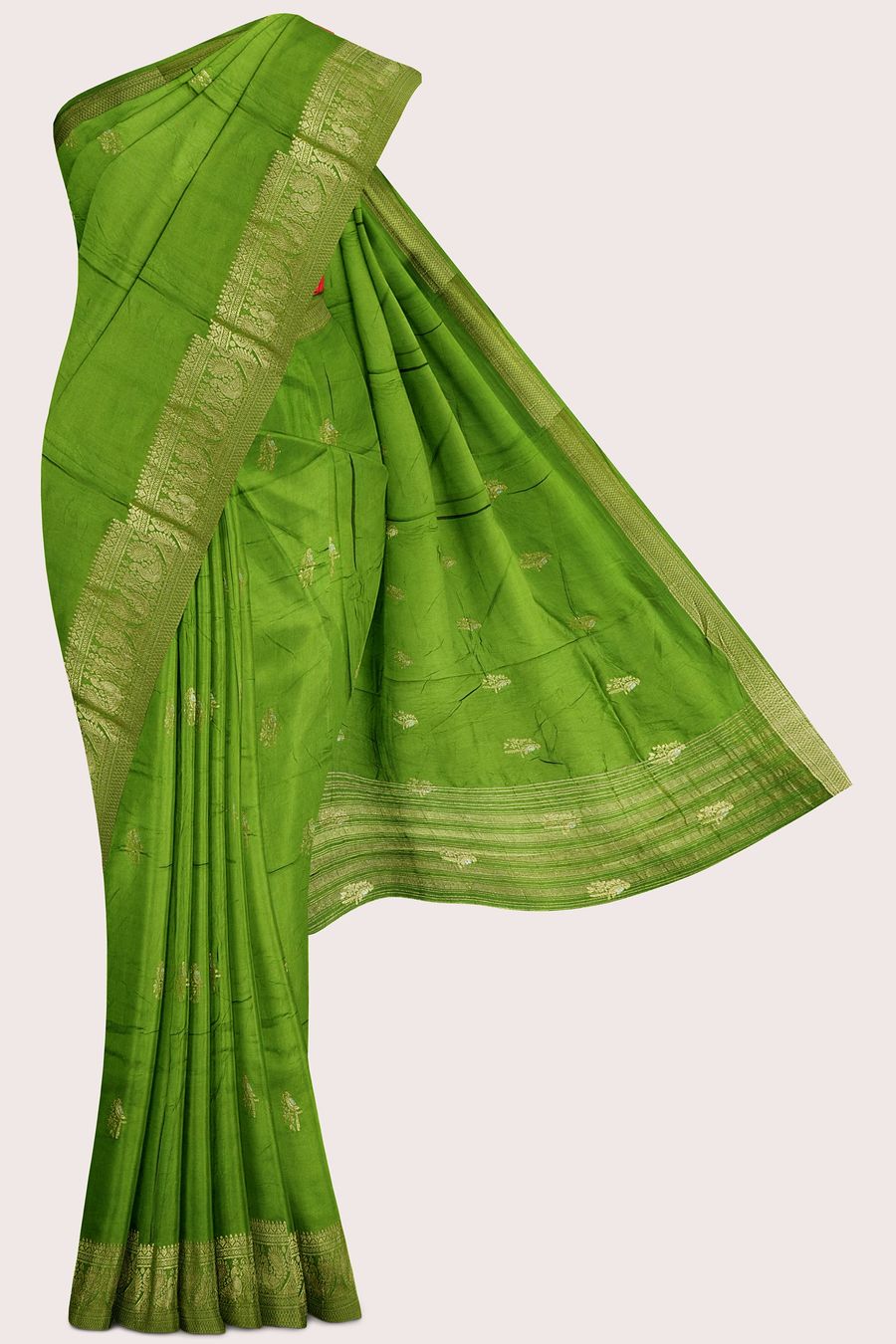 Russian Crepe Gold Zari And Bird Butti Mehandi Green With Red Saree