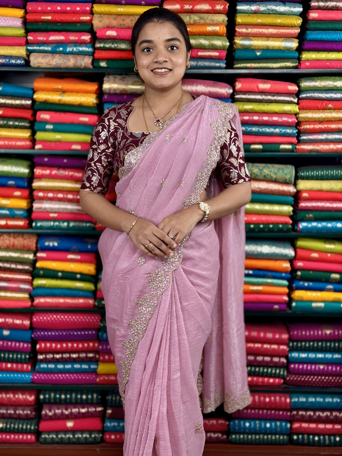 Shimmer Chiffon Scallop Embroidery Light Pink And Wine Saree