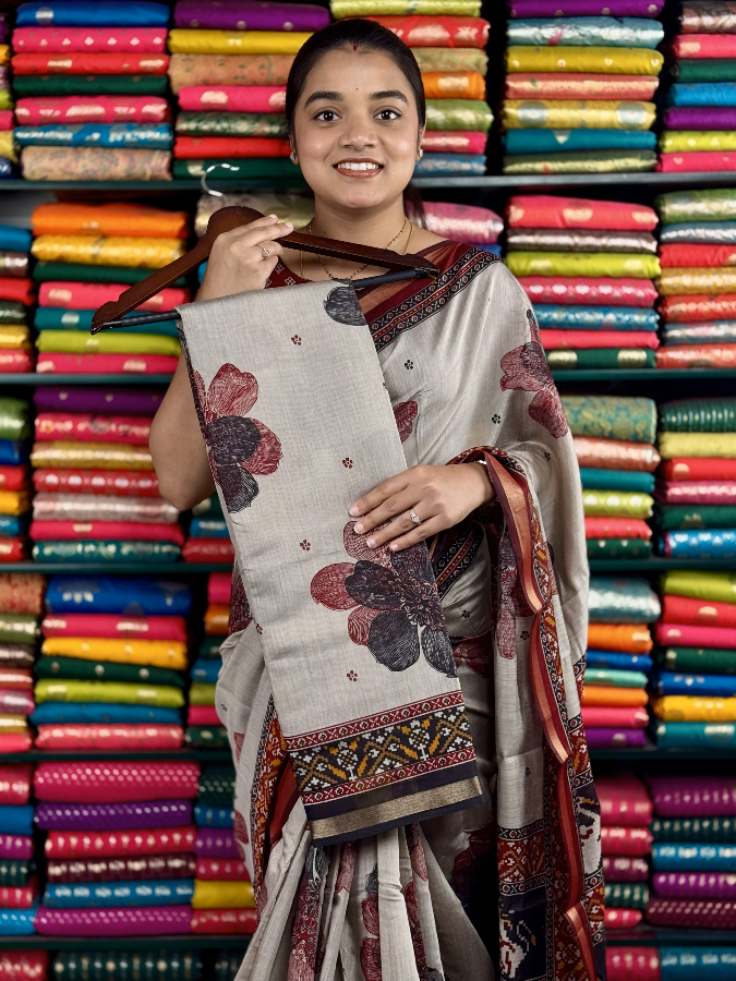 Mahewari Silk Ikkath Print Wheat And Black Saree