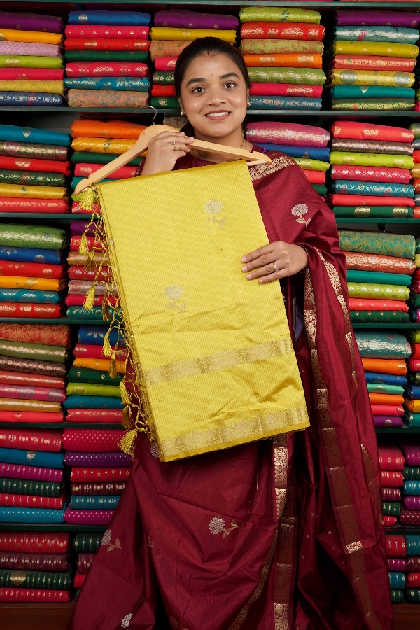 Fancy Crepe Flower Butti Yellow Saree