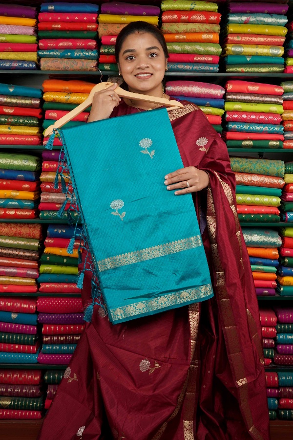 Fancy Crepe Flower Butti Coppersulphate Blue Saree